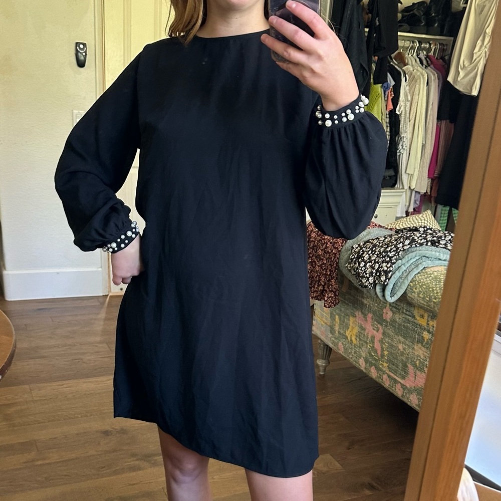 NWT H&M Black Cocktail Mini Shift Dress with Pearl Cuffs